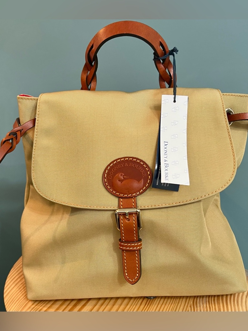 NWT Dooney & Bourke Tan Canvas Backpack with Brown Leather Trim
